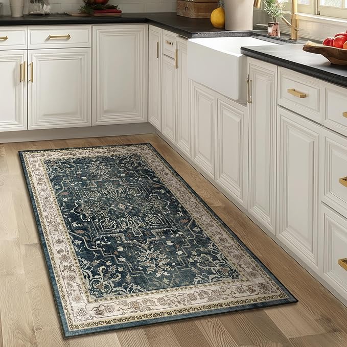 Farmhouse Distressed 3x5 Area Rugs for Entryway Foyer, Washable Non Slip Low Pile Throw Rugs for Kitchen, Vintage Medallion Pinted Carpet for Bedroom/Bathroom/Home Office, Midnight/Multi