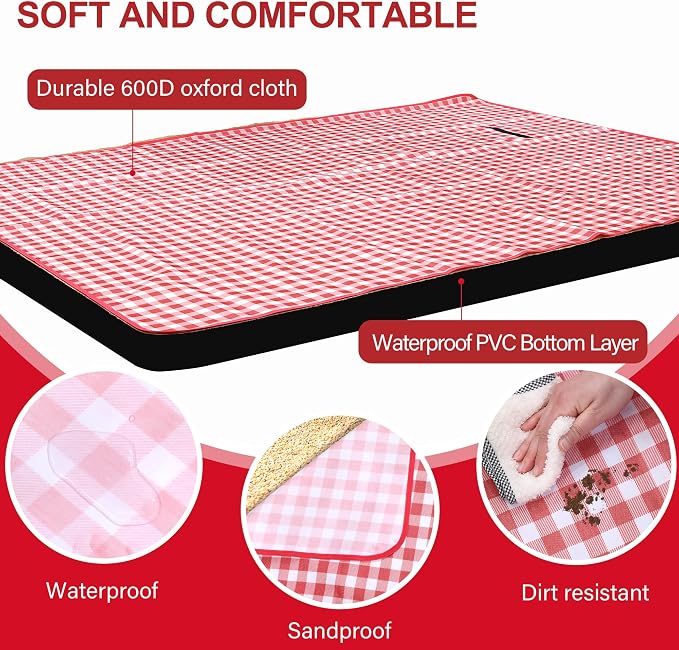 HX&OD Outdoor Picnic Blanket 80"X80" Picnic Mat Extra Large Camping Blanket Beach Blanket Foldable Waterproof Sand Mat Hiking Travel Family Concerts(Red)