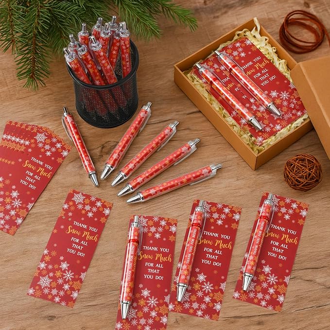 Tenceur 50 Sets Winter Pens Bulk Thank You Snowflake Ballpoint Pens Employee Appreciation Gift Inspirational Coworker Gift with Cards Twist Ties for Office Coworker Staff Nurse Teacher(Red)