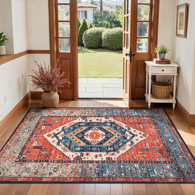 SERISSA 3x4 Washable Non Slip Boho Area Rug for Entryway，Rust | Ultra Soft Vintage Oriental Carpet Low-Pile Large Distressed Tribal Indoor Entrance Carpet for Bedroom Living Room Dorm Decor