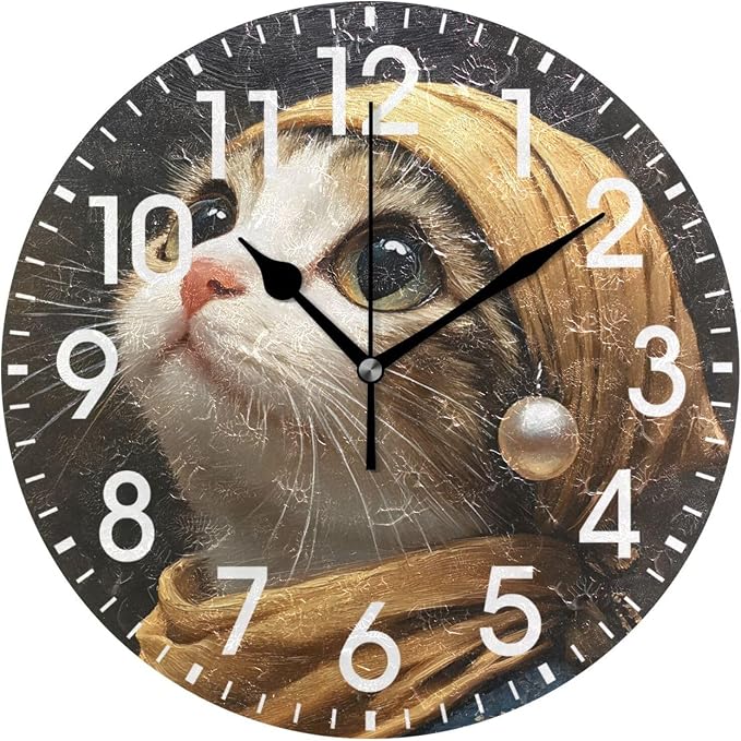 ALAZA Home Decor Cute Kitten Cat Black Round Acrylic 9.84 Inch Wall Clock Non Ticking Silent Clock Art for Living Room Kitchen Bedroom