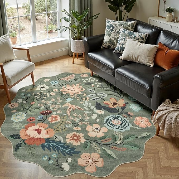DCX Vintage Floral Washable Area Rug 6x6, Non Slip Low Pile Rug, Sage Green | Rugs for bedroom, living room, dining room, office, soft, kid & pet friendly, sain resistant indoor carpet, home decor