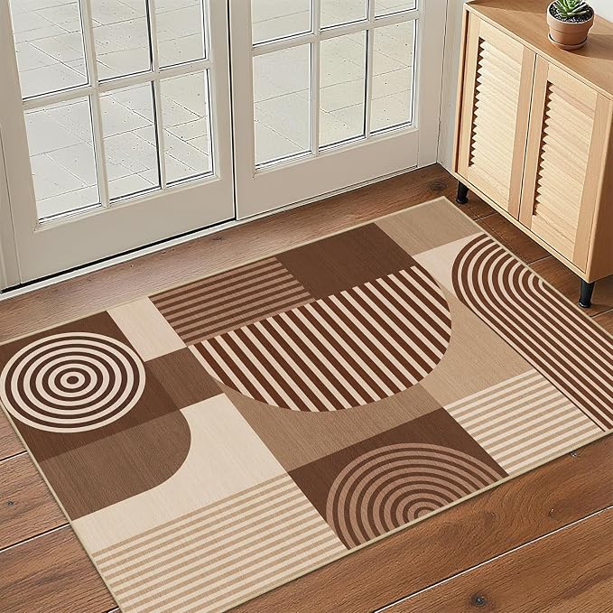 Brown Geometric Rug 2x3 for Entryway Machine Washable Mid Century Modern Rug Non Slip Low Pile Minimalist Line Rugs Door Indoor Mat Carpet for Bathroom Bedroom Kitchen Laundry,Brown