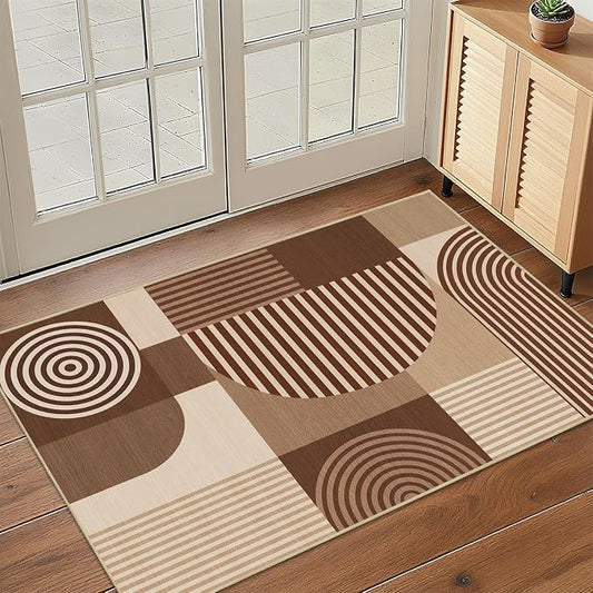 Brown Geometric Rug 2x3 for Entryway Machine Washable Mid Century Modern Rug Non Slip Low Pile Minimalist Line Rugs Door Indoor Mat Carpet for Bathroom Bedroom Kitchen Laundry,Brown