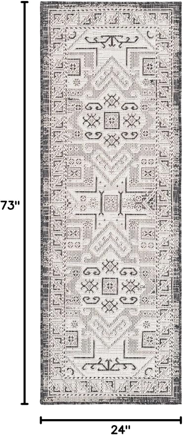 Unique Loom Outdoor Aztec Collection Area Rug - Coba (2' x 6' 1" Runner, Charcoal Gray/ Ivory)