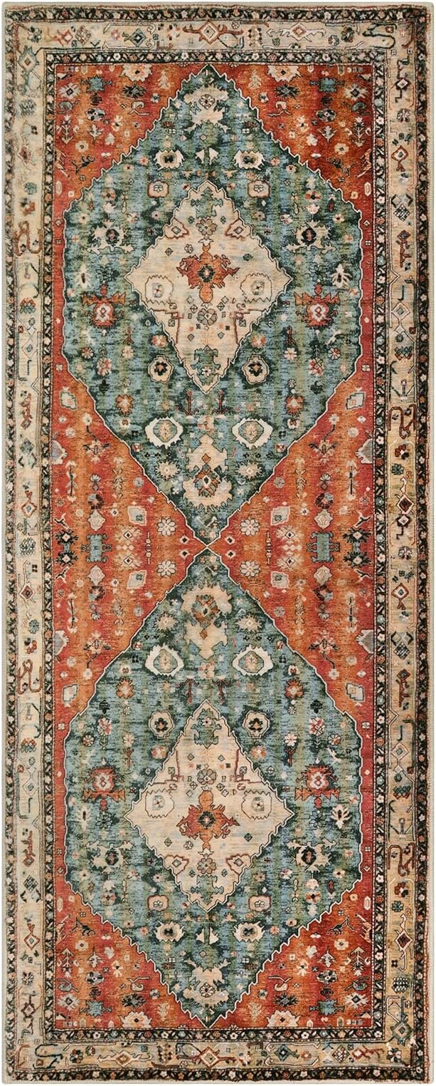 Lahome Felice Boho Tribal 2x6 Washable Runners for Hallways Non Slip, Bohemian Kitchen Mats for Floor, Vintage Bathroom Entryway Carpet Runner for Laundry Living Bedroom (Rust/Dull Teal,2x6ft)