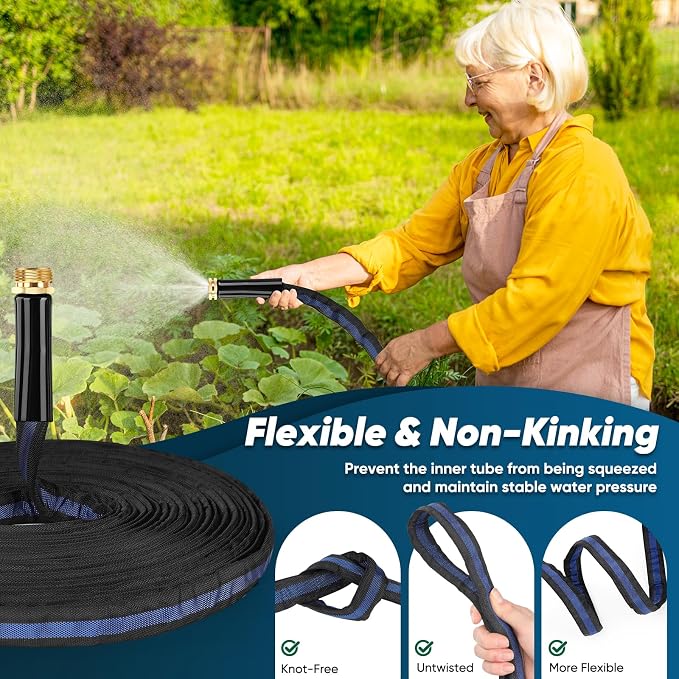 CXEZSIK Garden Hose 100ft Lightweight, Non-Expanding, Leak-Proof Metal Connector, No-Knot No-Tangle Easy to Store and Carry Wear-Resistant 3/4GHT Flexible Water Hose for Yard Outdoor (Black Lake Blue)