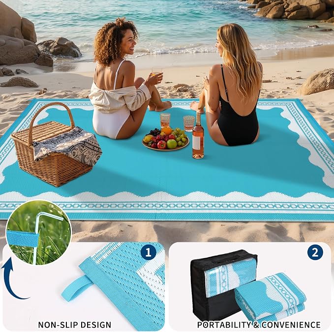 Garvee Outdoor Rug 5x8 Scalloped Waterproof Patio RV Outdoor Rugs Reversible Foldable Plastic Straw Rug Modern Camping Carpet for Deck Camper Porch Balcony Backyard Picnic Beach Light Blue