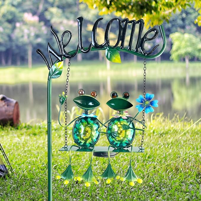 Solar Lights Outdoor Waterproof, Frog Swing Garden Decor, Frog Decorative Stake with Welcome Sign Landscape Patio Yard Gifts for Women Mom (48 inch)