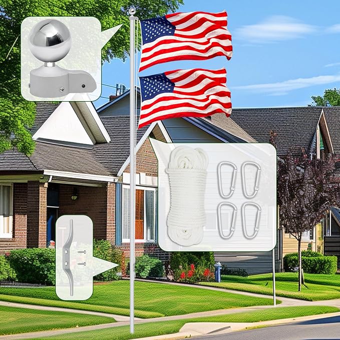 Flag Pole Pulley and Rope kit for 2.3" to 3" Diameter Flag Poles, 50FT Rope, 4" Flag Pole Topper, Cast Aluminum Flag Pole Truck, Metal Snap Clips and Cleat (Silver)