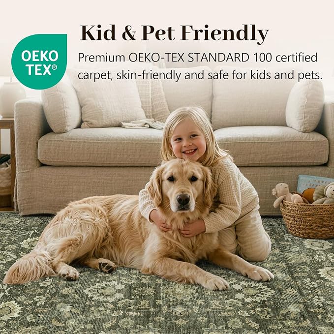 6x9 Ft Large Area Rugs for Living Room, Soft Non-Slip Machine Washable Rug, Vintage Stain Resistant Carpets for Bedroom Nursery Dining Room Home Decor (Green)