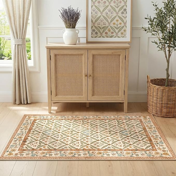 jinchan Vintage Floral 3x5 Washable Entryway Accent Area Rug, Terracotta | Soft & Lightweight, Checkered Floral, Low Pile, Non Slip, Entrance, Kitchen, Bedside, Girls Dorm, Cottage Decor