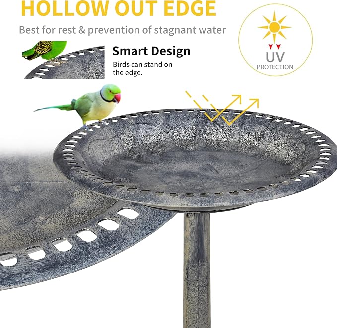VECELO 28" Pedestal Outdoor Bird Bath for Outside, Vintage Bronze Polyresin Lightweight Antique, Yard/Garden Decoration, Gray