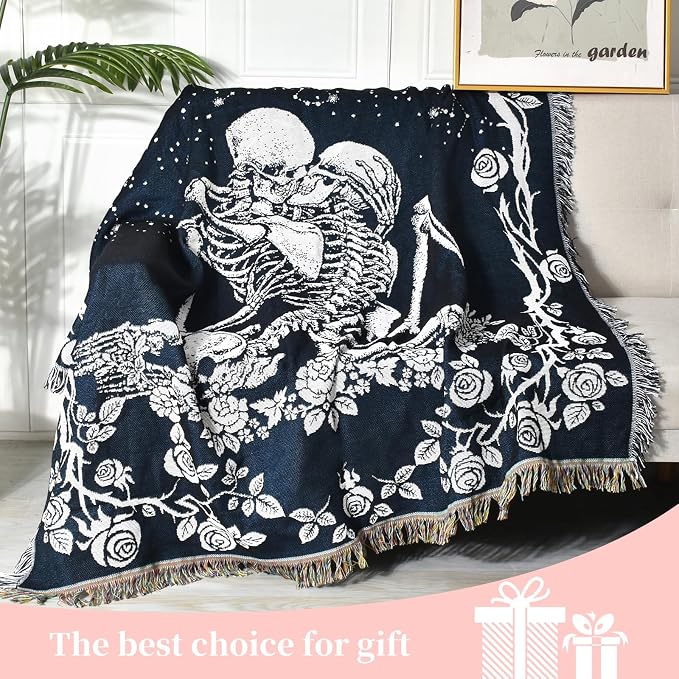 Boho Throw Blanket Reversible Cotton Bohemian Tapestry Hippie Room Decor Double Sided (Boho Skeleton Lover Moon Blue 50"x60")