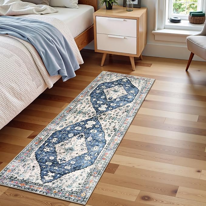 Lahome Felice Boho Tribal Runner Rug - 2x5 Blue Soft Bathroom Rug Runner Laundry Room Mat, Medallion Soft Non Slip Machine Washable Entryway Carpet Runners for Kitchen Sink Bedside Front Door Hallway