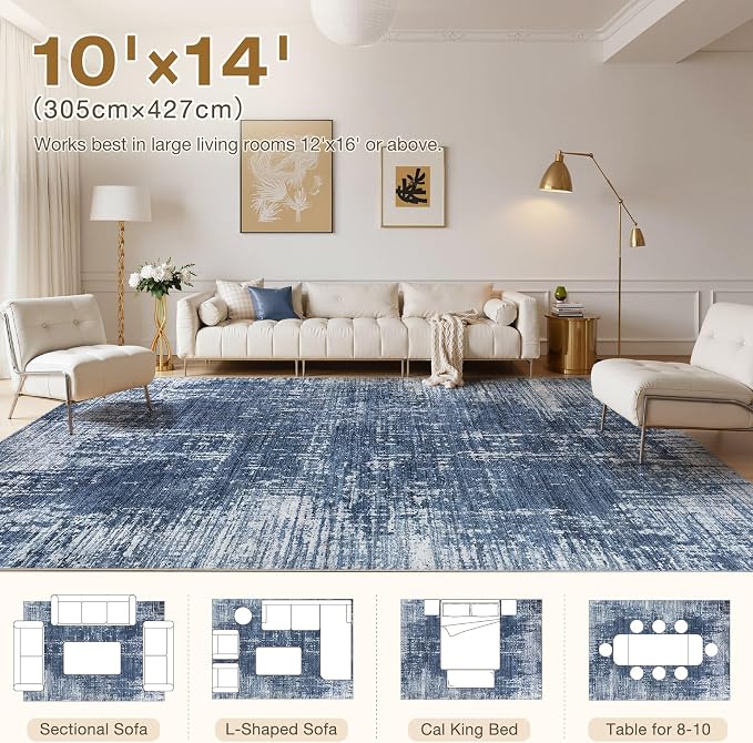 kakania Abstract 10x14 Area Rugs for Living Room: Washable Rugs Dark Blue | Soft, Non-Slip, Low-Pile, Pet & Kid Friendly - Large Modern Home Decor Carpet for Bedroom/Dining Room/Office/Nursery