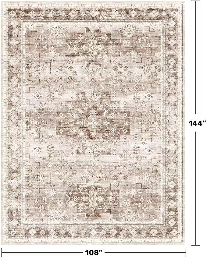 Washable Farmhouse Living Room Rug, 9x12 Area Rugs for Bedroom, Dining Room Under Table Carpet, Kids Room, Large Boho Vintage Non-Slip Floral Rugs Low Pile Stain Resistant (9x12 Beige/Latte)