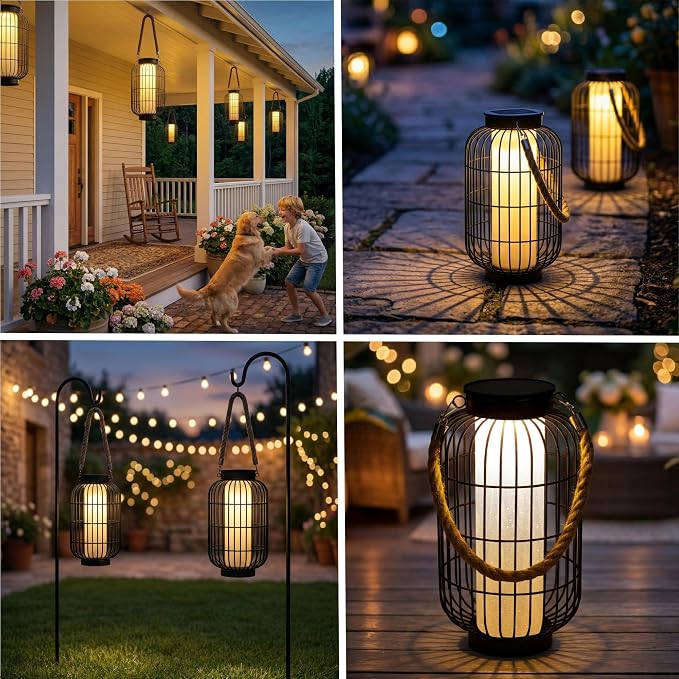 Large Solar Lanterns Outdoor Waterproof, Solar Lantern Metal Dual Charging (USB/Solar), Two Brightness Modes Decorative Solar Lights for Yard Patio Garden Front Porch Indoor Or Tabletop Decor (Black)