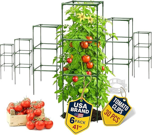 Tomato Cage Square - Large Trellis Stakes and Plant Support Structures for Vegetables and Climbing Plants - Tall Tomato Cages for Garden, Pots, Raised Garden Bed Outdoor Supplies (6 Pack - Up to 41")