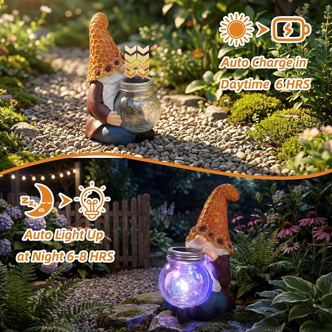 Lyeasw Solar Gnome Decor with Honeycomb Lantern, Outdoor Garden Decor | 10 Inch Resin Figurine with LED Glow, Weather Resistant Garden Accent for Patio, Porch, Yard & Gift for Garden Lovers