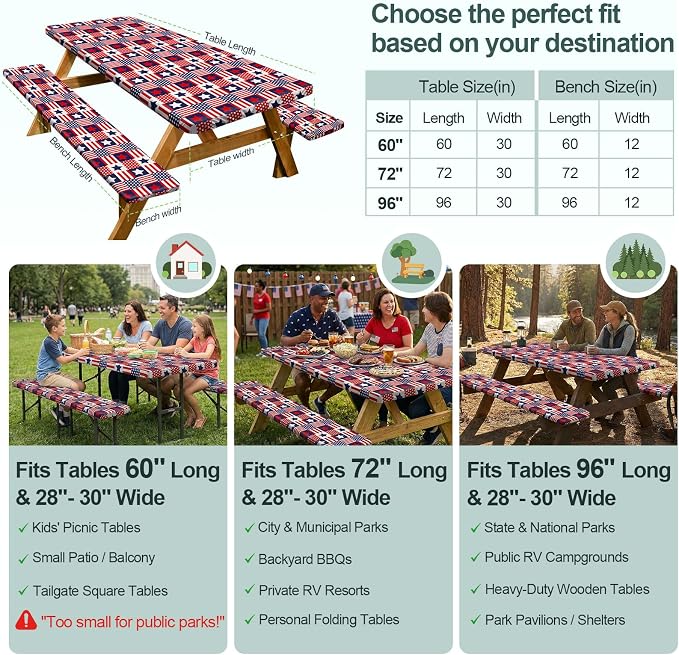 Play Tailor Picnic Table Cover with Bench Covers Camping Essentials Waterproof Windproof Camping Tablecloth with Drawstring Bag, Fitted Rectangle Tables and Seats, 72in, Red Blue Checkered
