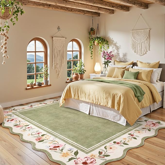 Lahome Green Scalloped Living Room Rug 8x10 | Non-Slip Soft Bedroom Rugs Stain Resistant, Floral Bedroom Rug 8x10 Under Bed Carpet for Nursery Playroom Dining Room Ariele