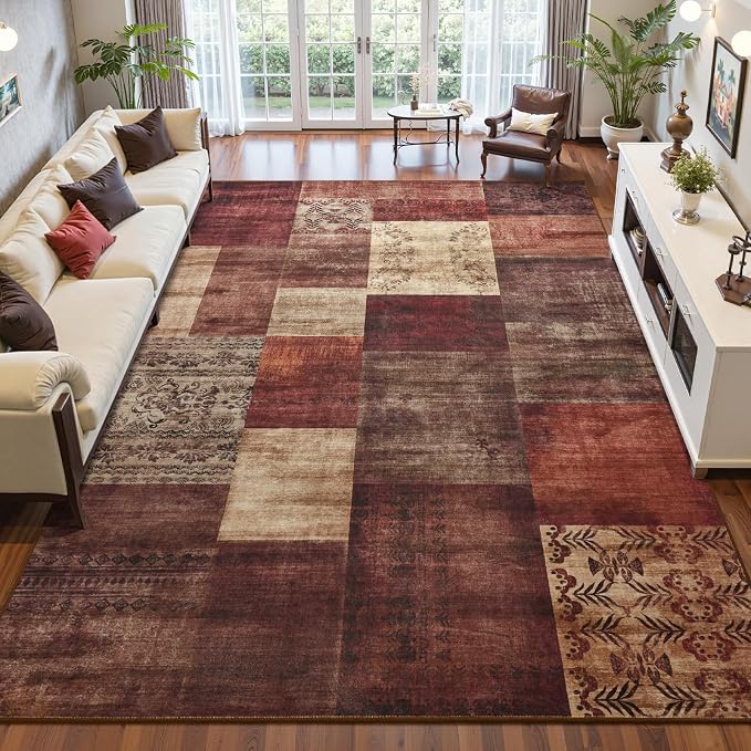 Washable Area Rugs 8x10 for Living Room, Large Modern Geometric Red Soft Patchwork Carpet, Non-Slip Stain Resistant Throw Rug for Bedroom Dining Room Office Home Decor