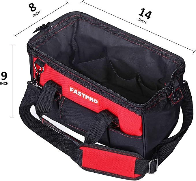 FASTPRO 14-Inch Zip-top Wide Mouth Open Storage Tool Bag, Classic Black&Red Design, Fashionable Design, 600D Polyester Fabric Material for Quality Endurance, With Adjustable Shoulder Strap