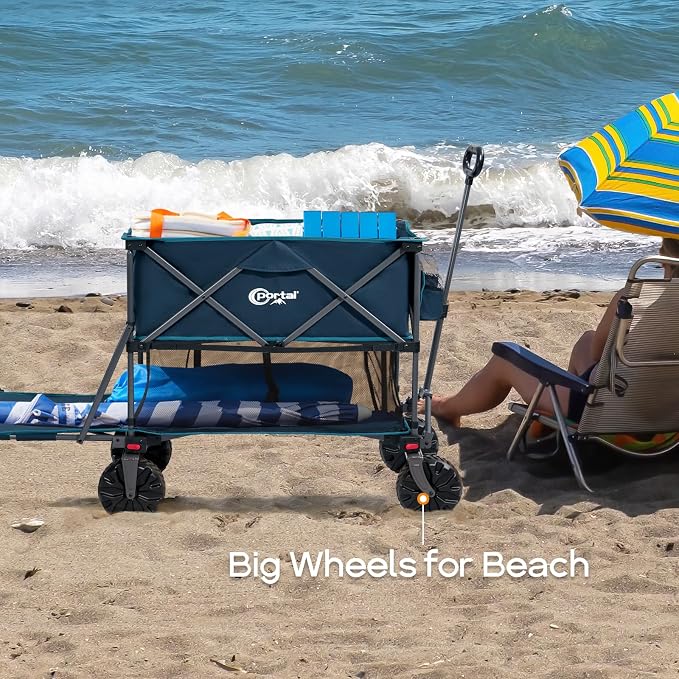 Portal Collapsible Double Decker Wagon Folding Utility Cart with Tailgate, Beach Wagons with Big Wheels, 660LB Heavy Duty Foldable Wagon 14 FT³ Large Capacity for Camping, Sports, Garden