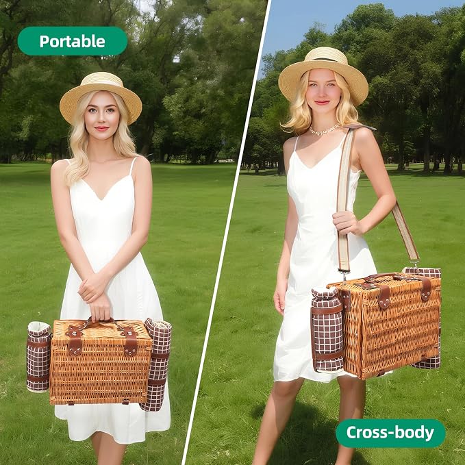 Double Picnic Basket with Large,Insulated Cooler Bag and Waterproof Picnic Blanket, Handmade Wicker Basket Set with Cutlery for Picnics, Camping, Beach