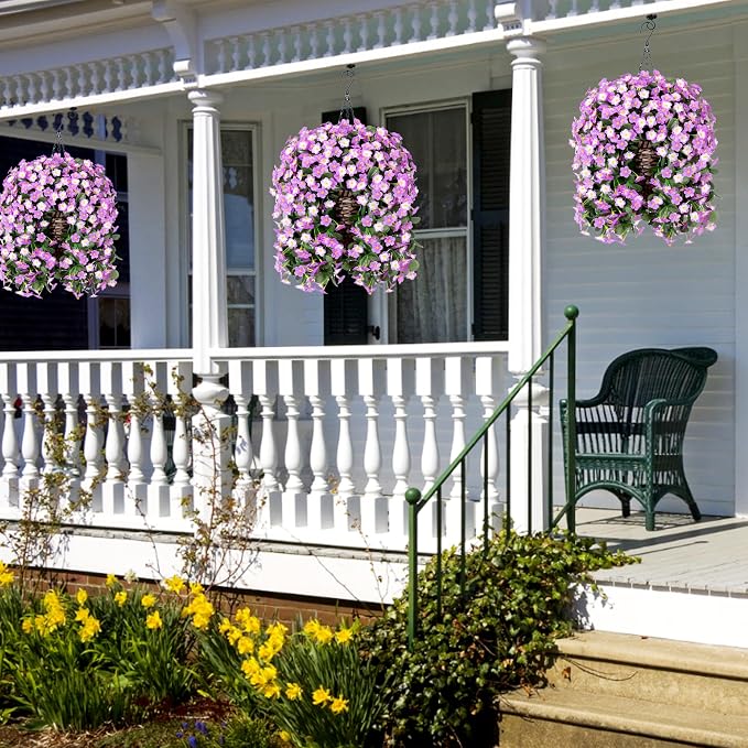 HyeFlora Artificial Fake Hanging Flowers with Basket for Outdoor Decoration,UV Resistant Faux Silk Daisy Flowers Light Fuchsia Orchid Vines in Planter Realistic Hanging Baskets for Home Porch Garden