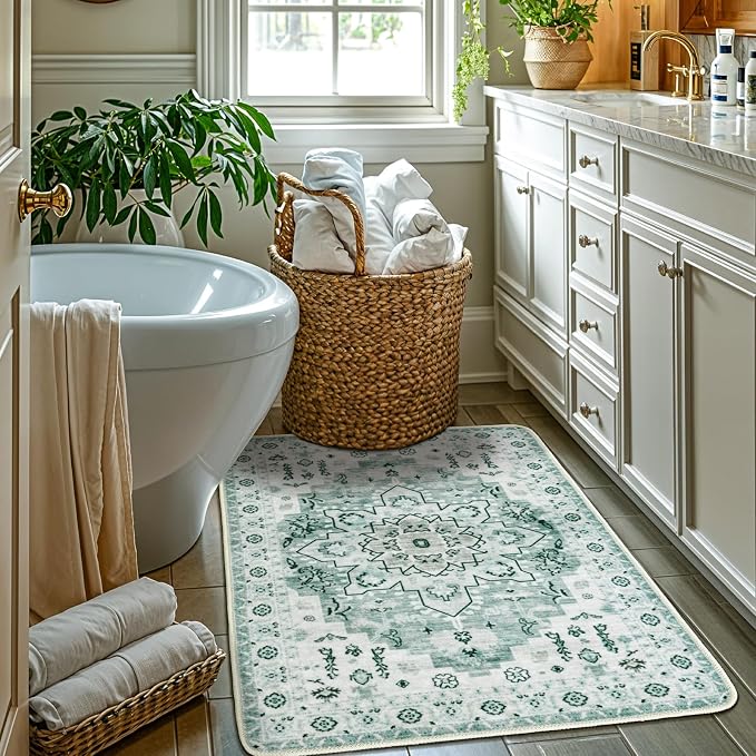 LBRO2M Machine Washable Rug Soft Pet Friendly Carpet 3X5 Green | Persian Throw Rug 3X5 for Entryway, Kitchen, Bathroom Non Slip Carpet, Foldable Stain Resistant Rugs