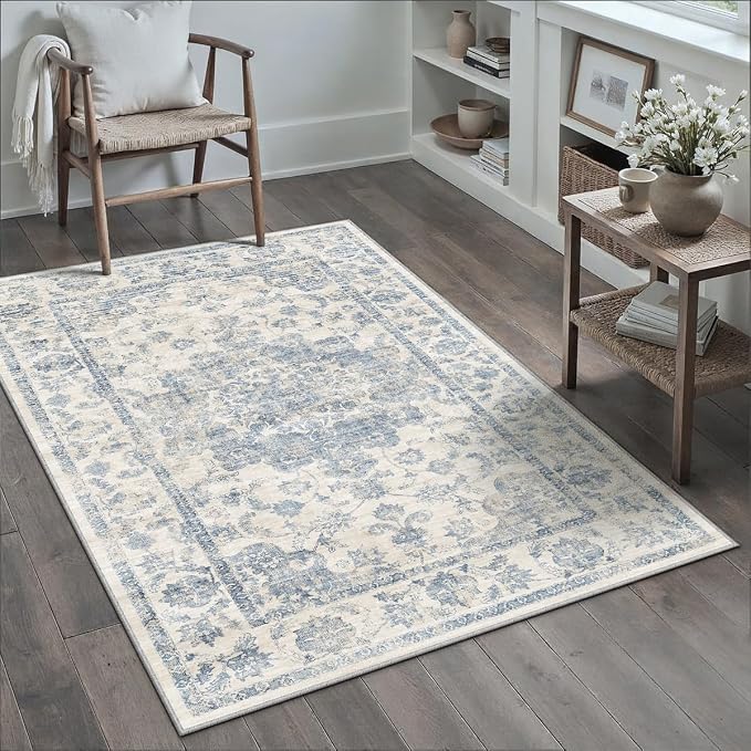 3x4 Blue Neutral Area Rug | Washable, Non Slip, Soft Low Pile, Vintage Farmhouse, for Entryway Kitchen Bathroom Living Room Bedroom Indoor Home Decor