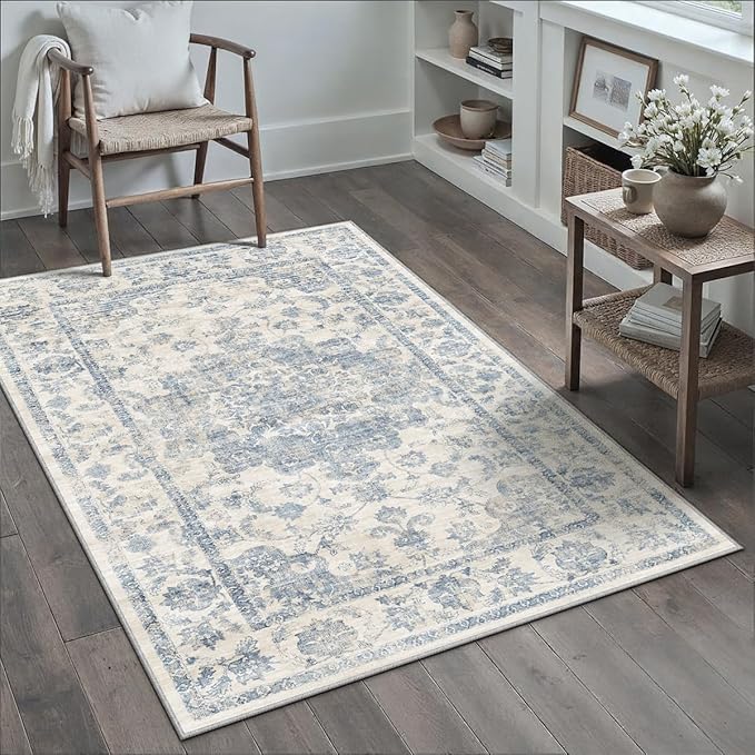 4x5 Blue Neutral Area Rug | Washable, Non Slip, Soft Low Pile, Vintage Farmhouse, for Entryway Kitchen Bathroom Living Room Bedroom Indoor Home Decor