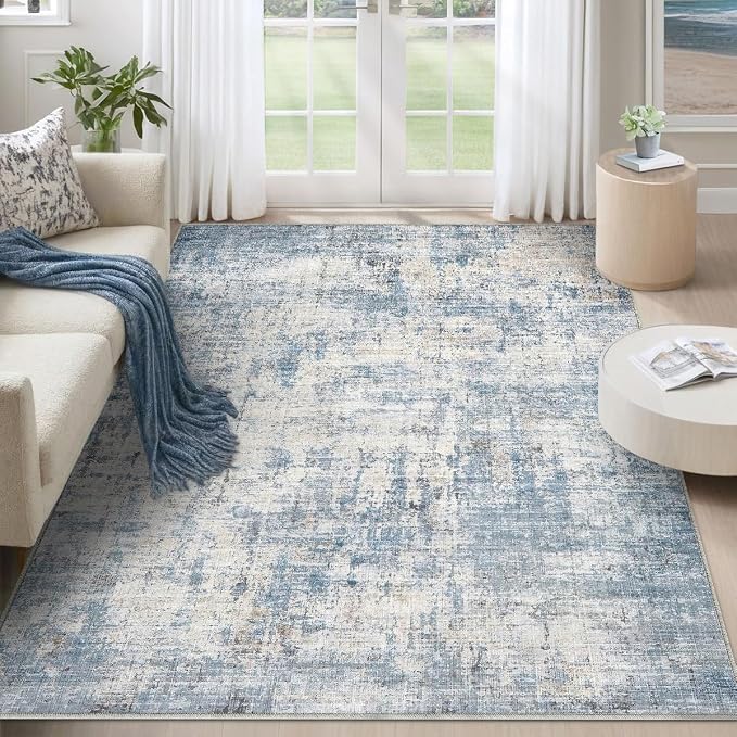 Abstract Area Rug 3x5 Ft Washable Rugs for Entryway Indoor | Blue Non Slip Kitchen Rug Printed Faux Wool Throw Rugs, Neutral Modern Indoor Mat for Entrance Bedroom Office Home Decor