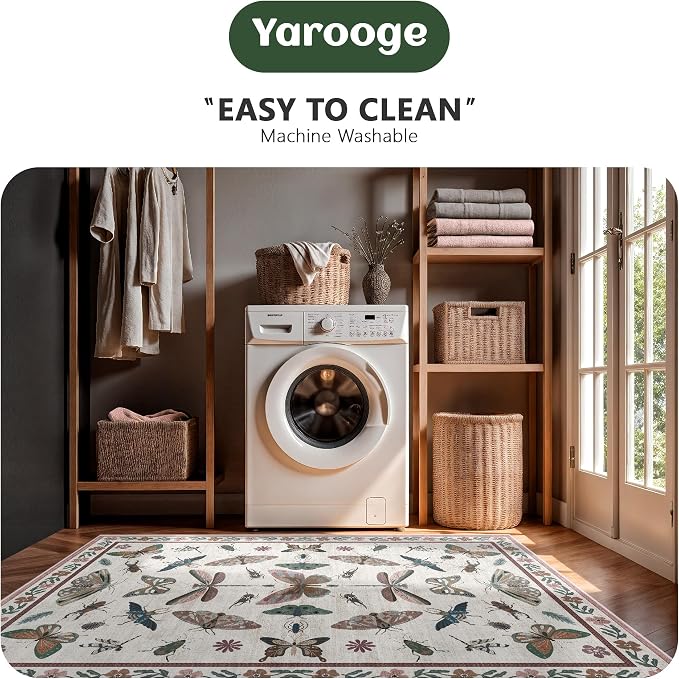 Area Rug 5x7, Insect Ultra Soft Washable Rug Non Slip with Rubber Back, Stain Resistant Rugs for Living Room, Bedroom, Dining Room, Kids Room(Pink Butterfly)