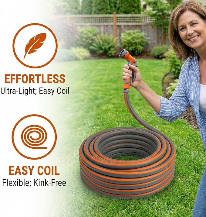 PremiumPro 75FT 5/8" Heavy Duty Reinforced Garden Hose, Large Flow,600 PSI Burst Pressure, Four Layer Hybrid Polymer Anti Kink with 360 Swivel Brass Connectors and handle for yard,washing & irrigation