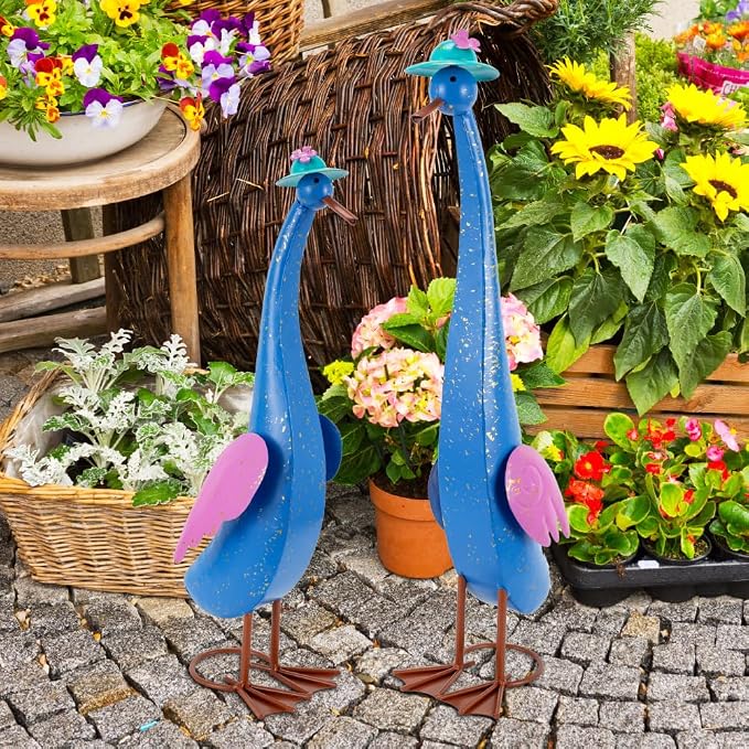 22" Duck Garden Statue Set of 2 Metal Ducks | Outdoor Statues Rustproof Yard Art Porch Animals Lawn Ornament Garden Sculptures Decor for Outside Patio Backyard