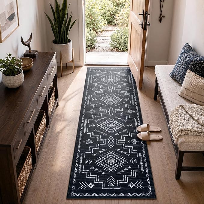 STARUIA Washable Kitchen Runner Rug, 2x6 Black Runner Rugs for Hallway, Non-Slip Western Aztec Tribal Low Pile Non-Shedding Carpet for Kitchen, Hallways, Entryway, Bedroom, Bathroom(Black 2'x6')