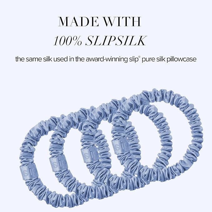 Slip Silk Hair Ties — Skinny Silk Cornflower Scrunchies, No Damage, No Crease, Anti-Breakage |100% Mulberry Silk | All Hair Types | Made with Proprietary Slipsilk™ | Set of 4