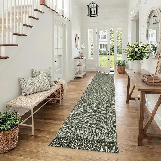 Kitchen Carpet Runners for Hallway 2.6x12ft, Washable Bathroom Rugs | Boho Sage Green Entryway Runner Rug, Hand-Woven Reversible Hallway Carpet for Laundry Bedroom Front Door Decor