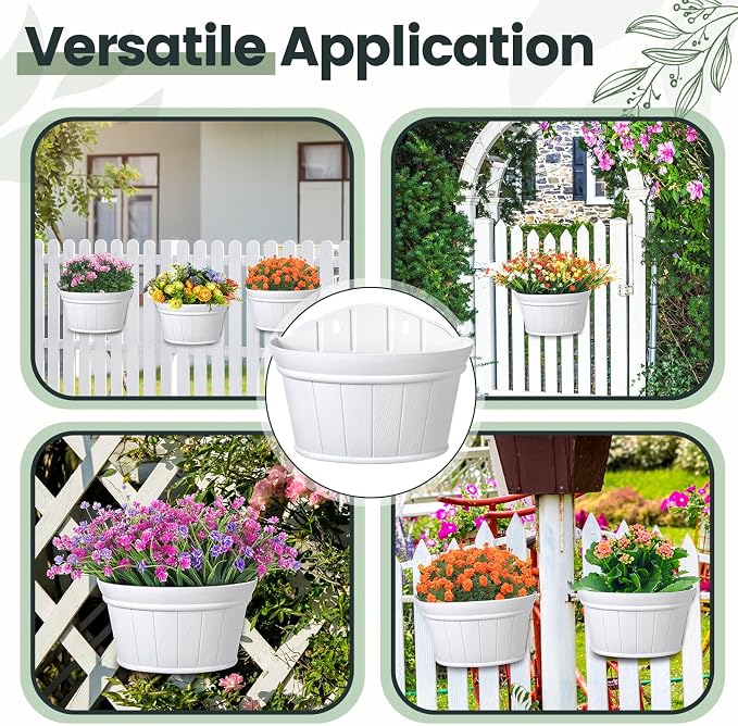 Layhit 6 Pcs Wall Hanging Planters Outdoor Pot Planter Wine Barrel Planter Distressed Oak Thickened Plastic Water Storage Flower Pots for Flower Indoor Outdoor(12 Inches,White)