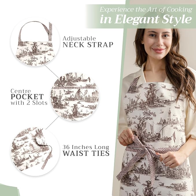Maison d' Hermine Aprons for women with Pocket 100% Cotton (27.50"x31.50") | Adjustable Neck Strap & long ties Apron Men Chef Wedding Cooking Gardening Server Maid