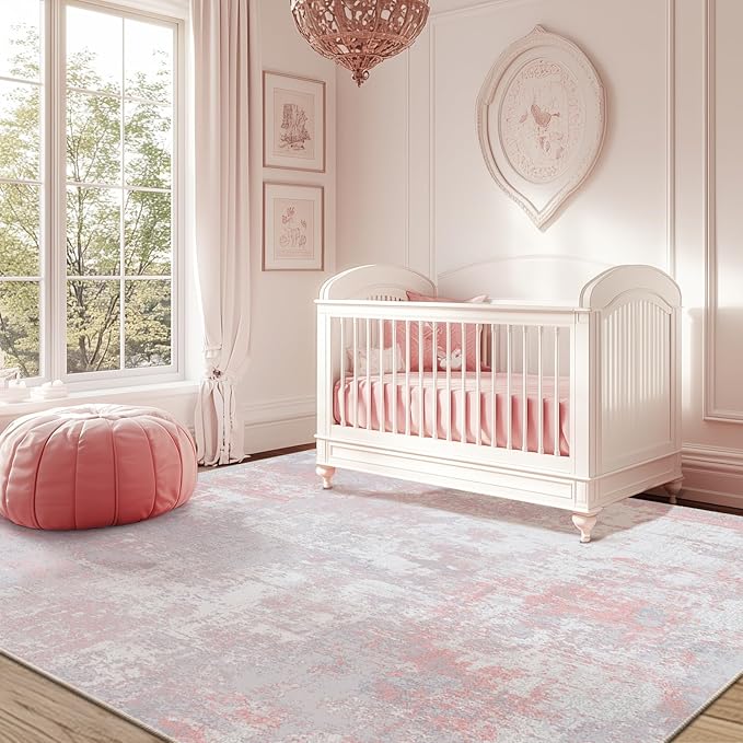 RELEANY Washable 5'x7' Abstract Area Rug for Living Room Gray Pink | Carpet for Bedroom, Kitchen, Office, Hallway and Entryway, Printed Pattern, Non‑Slip, Soft, Stain‑Resistant, Easy to Clean