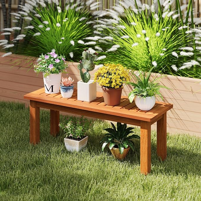 Tangkula Wooden Plant Stand, Outdoor Indoor Solid Wood Flower Pot Holder Display Shelf with Teak Oil Finish, Slatted Top, Rustic Plant Rack for Patio Garden Entryway Porch