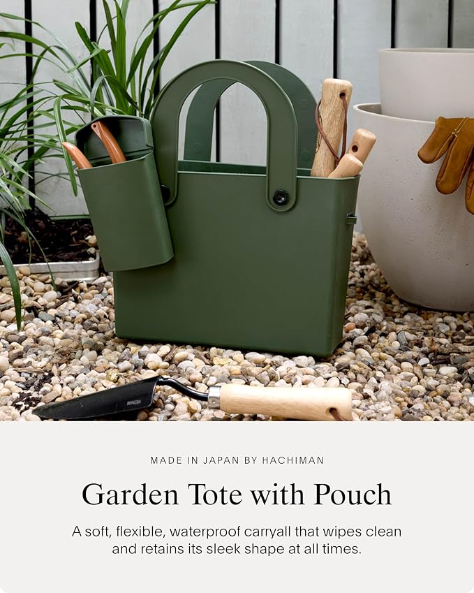 Hachiman Garden Tool Bag, Waterproof Gardening Tote | Interior Partition and Removable Pouch, Indoor Outdoor Use, Tools Not Included, Garden Green