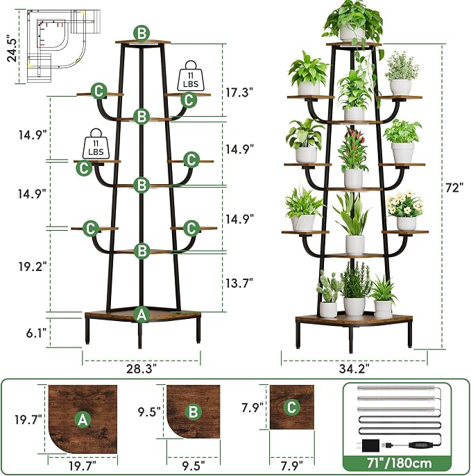 LATIBELL Corner Plant Stand Indoor with Grow Light, 72'' Tall Plant Shelf for Indoor Plants, 8 Tiered Metal Tree-Shaped Display Capable of Holding Large Pots for Home, Patio and Balcony, Black