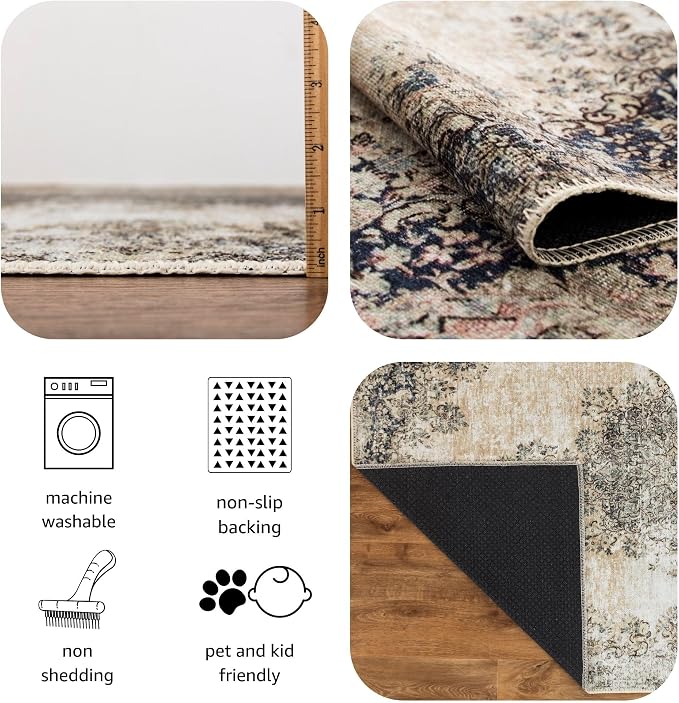 Keen Home Design Vintage Washable Entryway Rug, Non-Slip Low Pile, 2x3 | Machine Washable Cotton Chenille, 0.25In Low Pile, Rubber Non-Slip Back; Kitchen, Entryway, Bathroom, Bedside