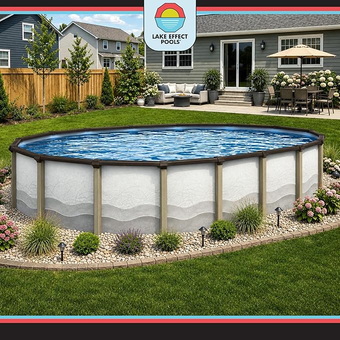 Lake Effect Pools 'Cozumel' 18 ft x 33 ft Oval Above Ground Swimming Pool | 52 Inch Resin Protected Steel Sided Walls | Bundle Includes: 25 Gauge Overlap Liner & Widemouth Skimmer