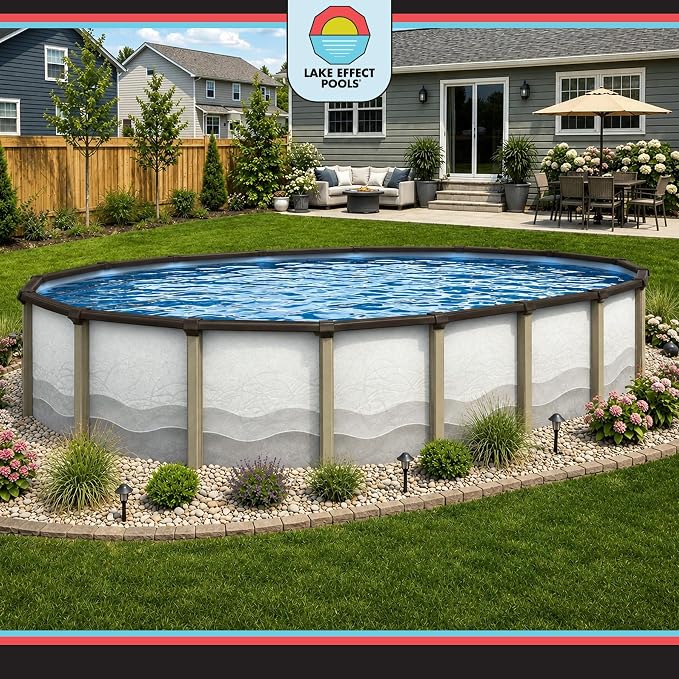 Lake Effect Pools 'Cozumel' 15 ft x 30 ft Oval Above Ground Swimming Pool | 52 Inch Resin Protected Steel Sided Walls | Bundle Includes: 25 Gauge Overlap Liner & Widemouth Skimmer